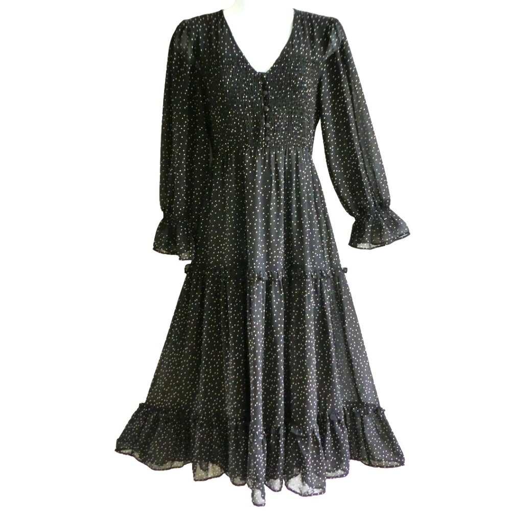 Top Shop Black Peasant Dress Midi White Polka Dots Tiered Ruffles Smocked Bodice
